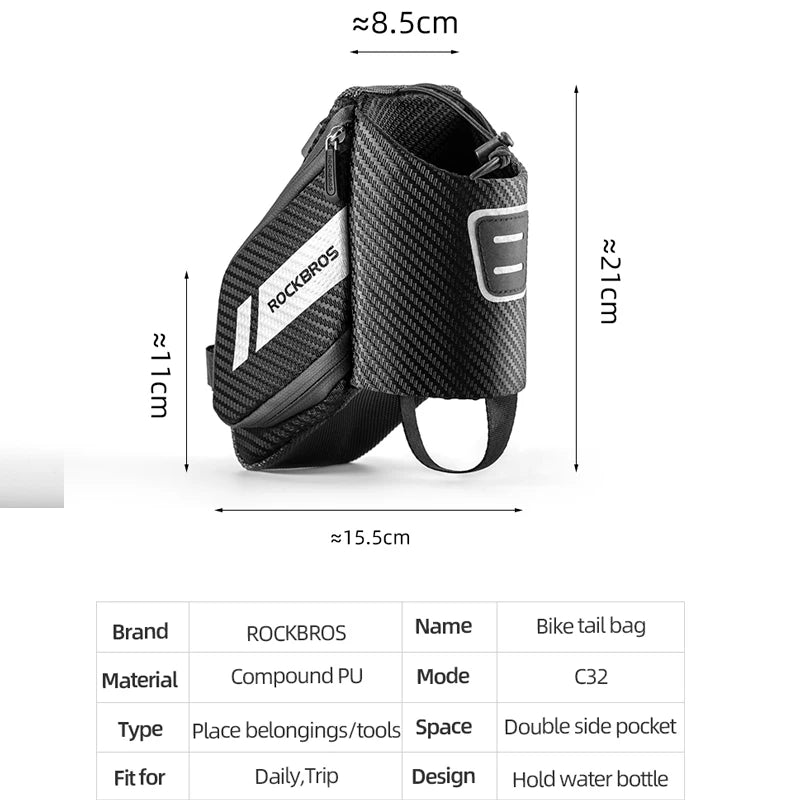 ROCKBROS 1.5L Bicycle Bag with Water Bottle Pocket – Water Repellent, Reflective MTB Road Bike Bag