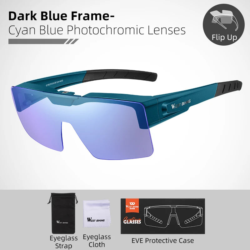 WEST BIKING Photochromic Cycling Sunglasses – Flip-Up, Polarized & Night Vision Lenses for MTB & Road Cycling