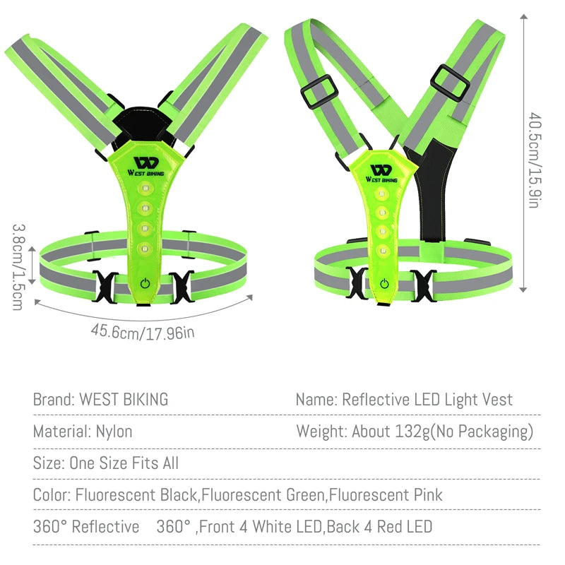WEST BIKING Reflective LED Light Vest – High-Visibility USB Rechargeable Chest Lamp for Outdoor Sports