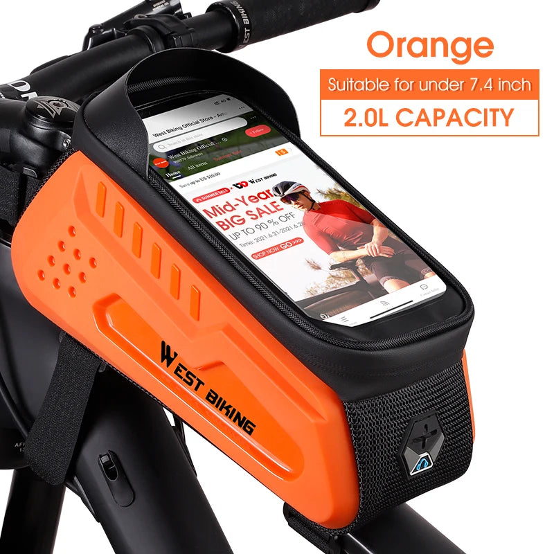 WEST BIKING Waterproof Bicycle Frame Bag – Touchscreen-Compatible Phone Case for MTB & Road Cycling