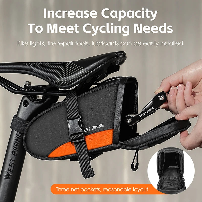 WEST BIKING Portable Bike Tail Bag – 1.2L Ultralight Waterproof Saddle Bag with Reflective Safety Design