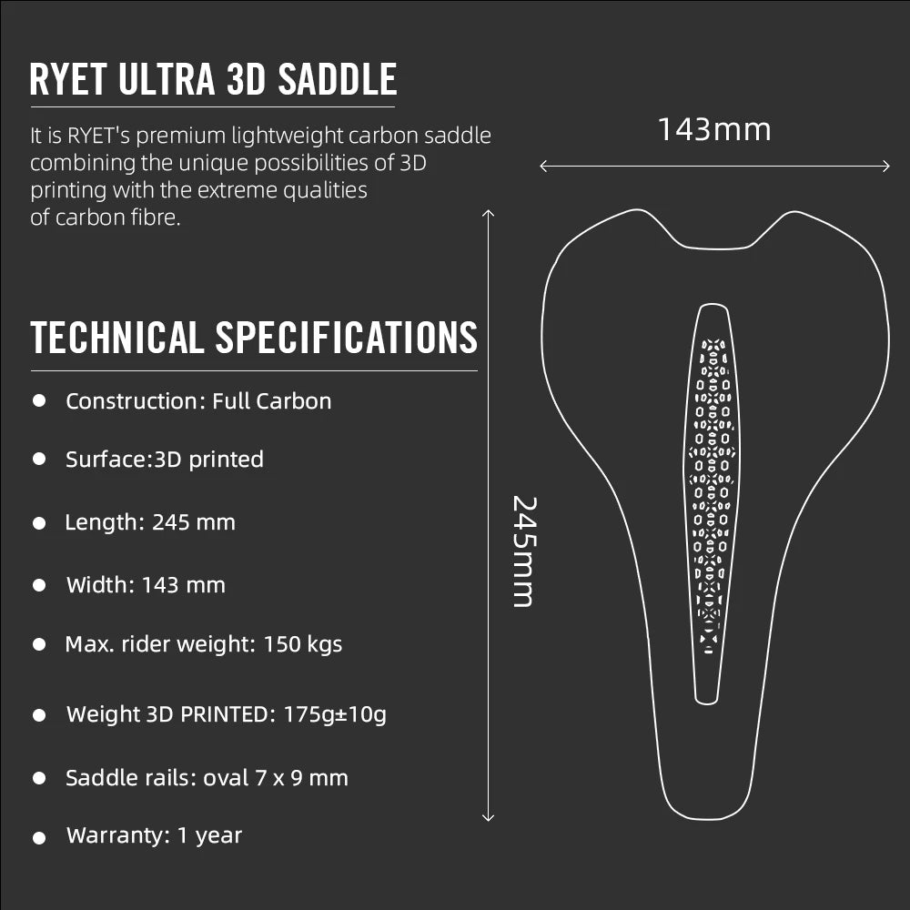 RYET Carbon 3D Printed Saddle – Ultralight, Ergonomic & High-Performance