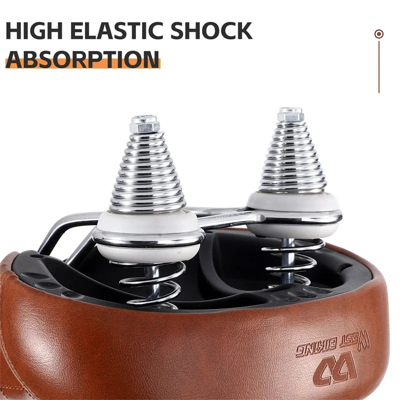 WEST BIKING Wide Comfortable Retro Bicycle Saddle – Soft PU Leather Shock-Absorbing Seat for Electric & City Bikes