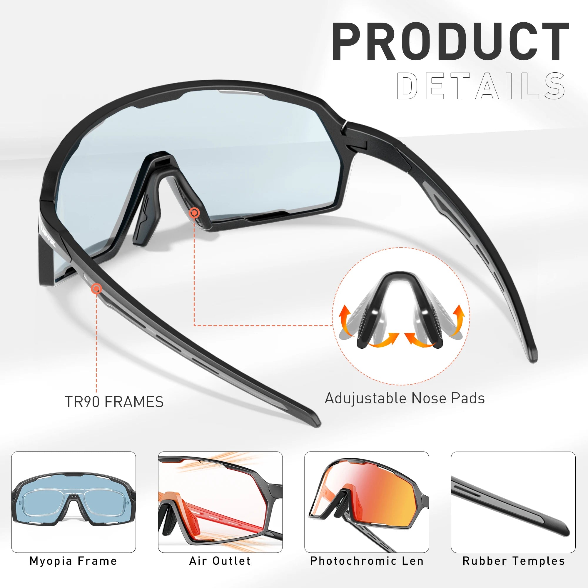 Kapvoe Photochromic Cycling Sunglasses – UV400 Protection, Lightweight Sports Goggles for MTB & Road Biking