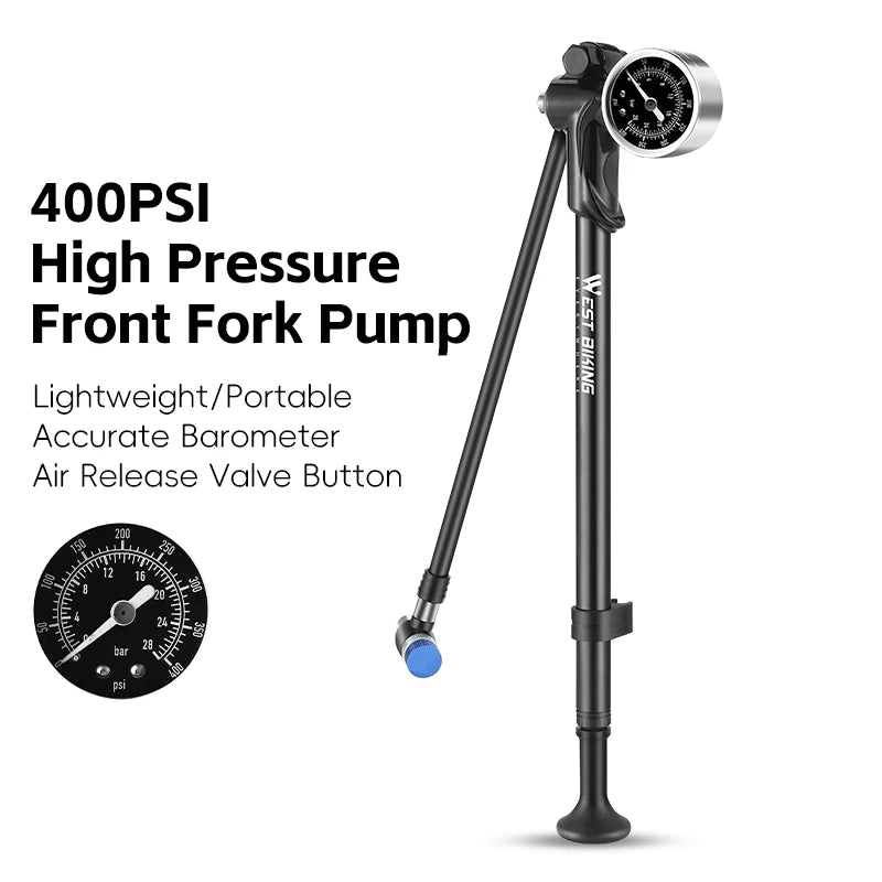 WEST BIKING High-Pressure Front Fork Bicycle Pump – Durable 300PSI/400PSI Inflator with Schrader Valve and Gauge