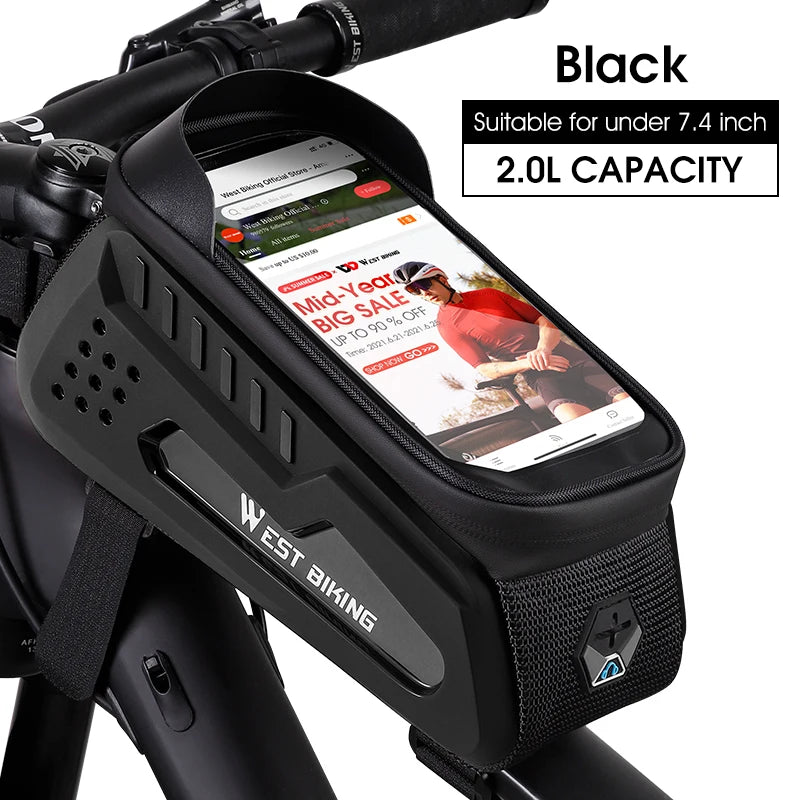 WEST BIKING Waterproof Bicycle Frame Bag – Touchscreen-Compatible Phone Case for MTB & Road Cycling