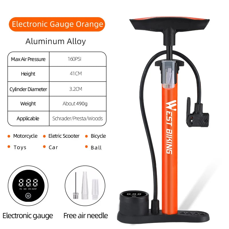 WEST BIKING 160PSI Bike Pump – High-Pressure, Multi-Use Tire Inflator with Gauge & Digital Display