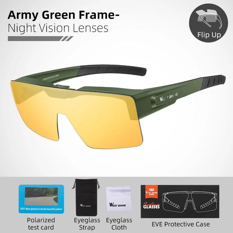 WEST BIKING Photochromic Cycling Sunglasses – Flip-Up, Polarized & Night Vision Lenses for MTB & Road Cycling