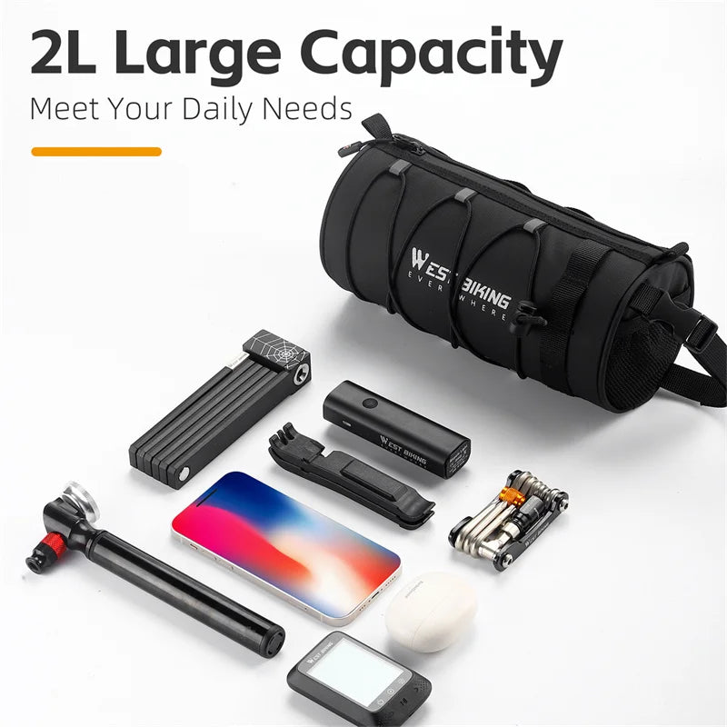 WEST BIKING 2L Multifunctional Handlebar Bag – Waterproof, Reflective & Portable Storage for Road & MTB Cycling