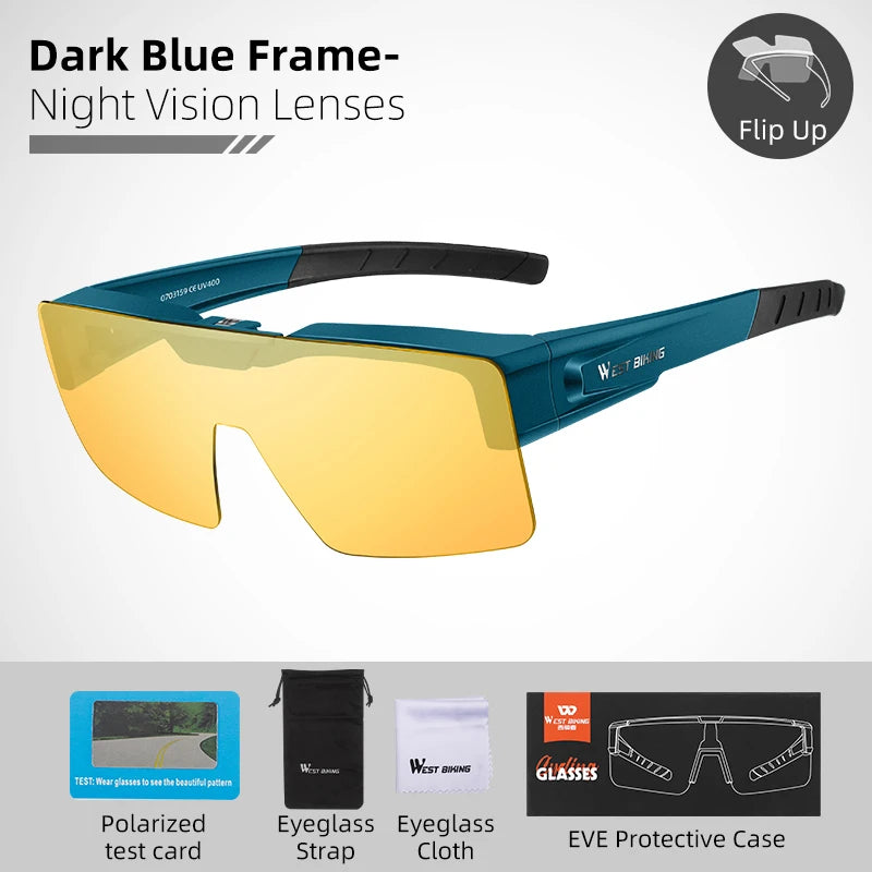 WEST BIKING Photochromic Cycling Sunglasses – Flip-Up, Polarized & Night Vision Lenses for MTB & Road Cycling