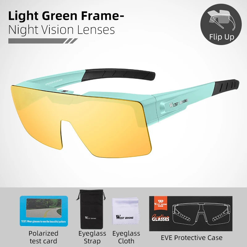 WEST BIKING Photochromic Cycling Sunglasses – Flip-Up, Polarized & Night Vision Lenses for MTB & Road Cycling