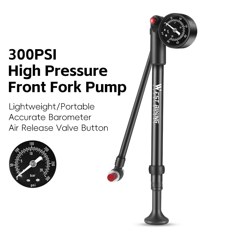 WEST BIKING High-Pressure Front Fork Bicycle Pump – Durable 300PSI/400PSI Inflator with Schrader Valve and Gauge