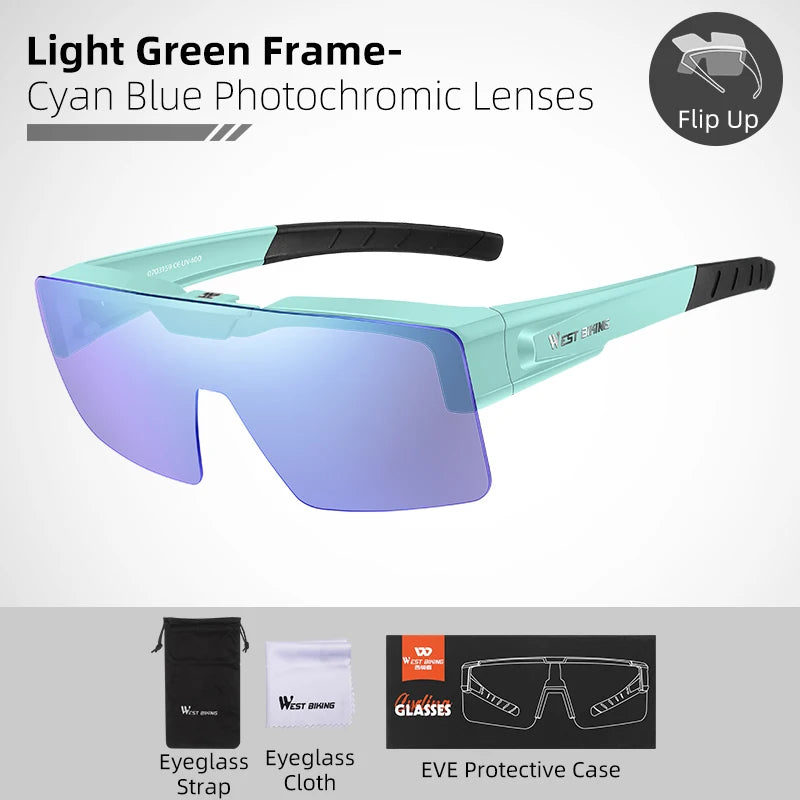 WEST BIKING Photochromic Cycling Sunglasses – Flip-Up, Polarized & Night Vision Lenses for MTB & Road Cycling