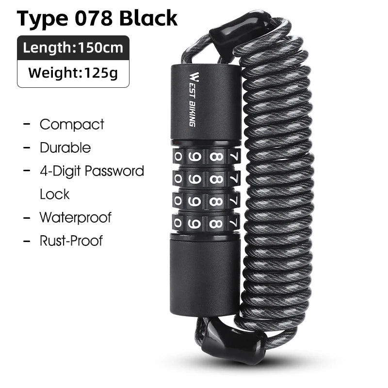 WEST BIKING Portable 4-Digit Password Cable Lock – Compact, Durable & Versatile for Helmets, Bikes & Luggage