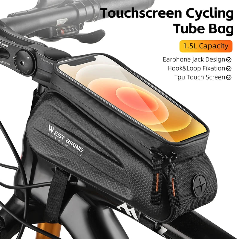 WEST BIKING Waterproof Bicycle Frame Bag – Touchscreen-Compatible Phone Case for MTB & Road Cycling