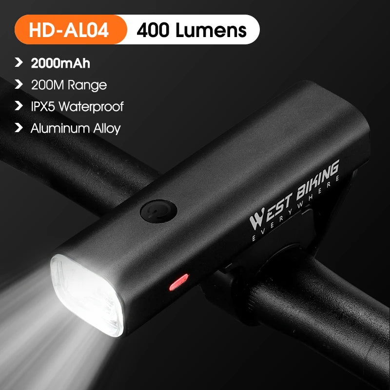 WEST BIKING USB Rechargeable Bicycle Front Light – High-Brightness LED Headlight for MTB & Road Cycling