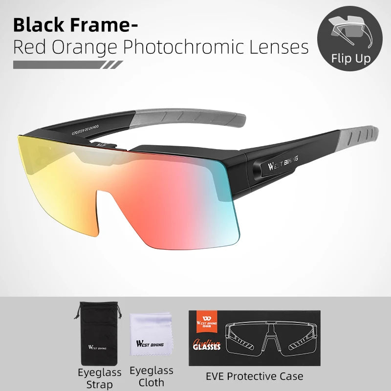 WEST BIKING Photochromic Cycling Sunglasses – Flip-Up, Polarized & Night Vision Lenses for MTB & Road Cycling