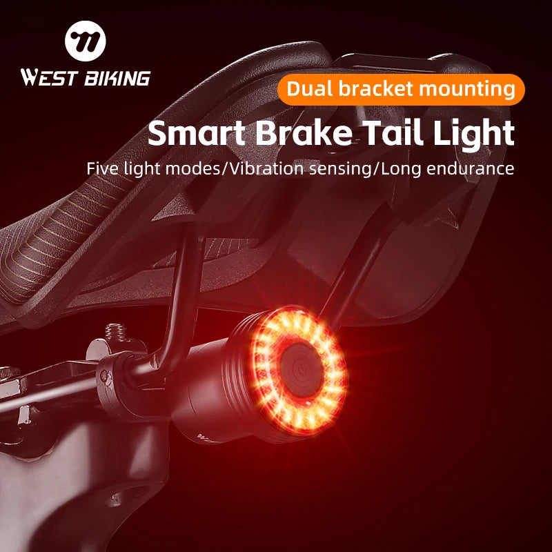 WEST BIKING Smart Brake Bicycle Tail Light – Automatic Sleep, Vibration Activation & Type-C Rechargeable
