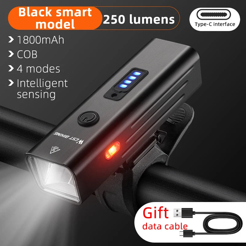 WEST BIKING USB Rechargeable Bike Light with Rear Warning Lamp – 250LM High-Brightness Cycling Headlight