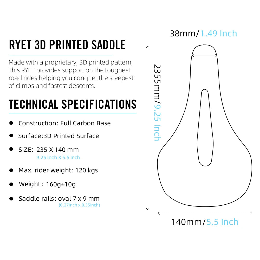 RYET X6P 3D Printed Carbon Bike Saddle – Ultra-Light Road & MTB Racing Seat