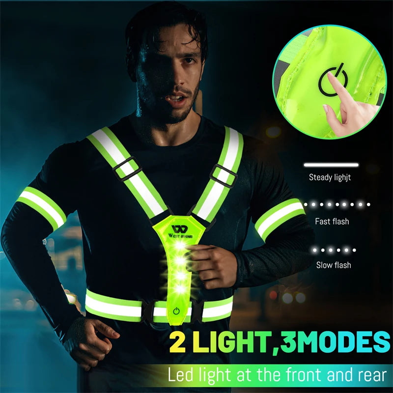 WEST BIKING Reflective LED Light Vest – High-Visibility USB Rechargeable Chest Lamp for Outdoor Sports