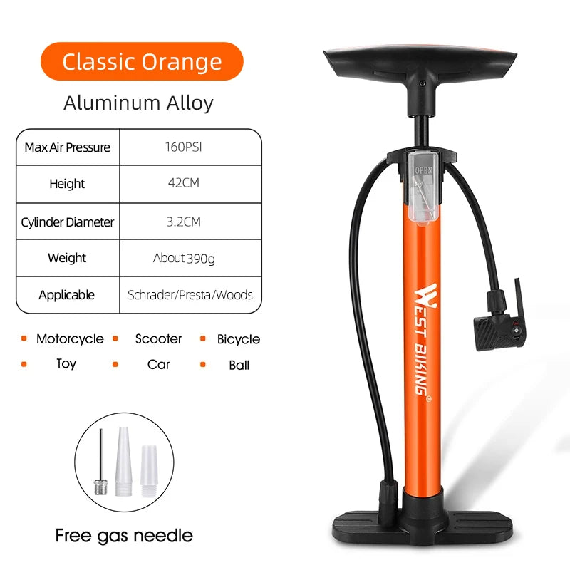 WEST BIKING 160PSI Bike Pump – High-Pressure, Multi-Use Tire Inflator with Gauge & Digital Display