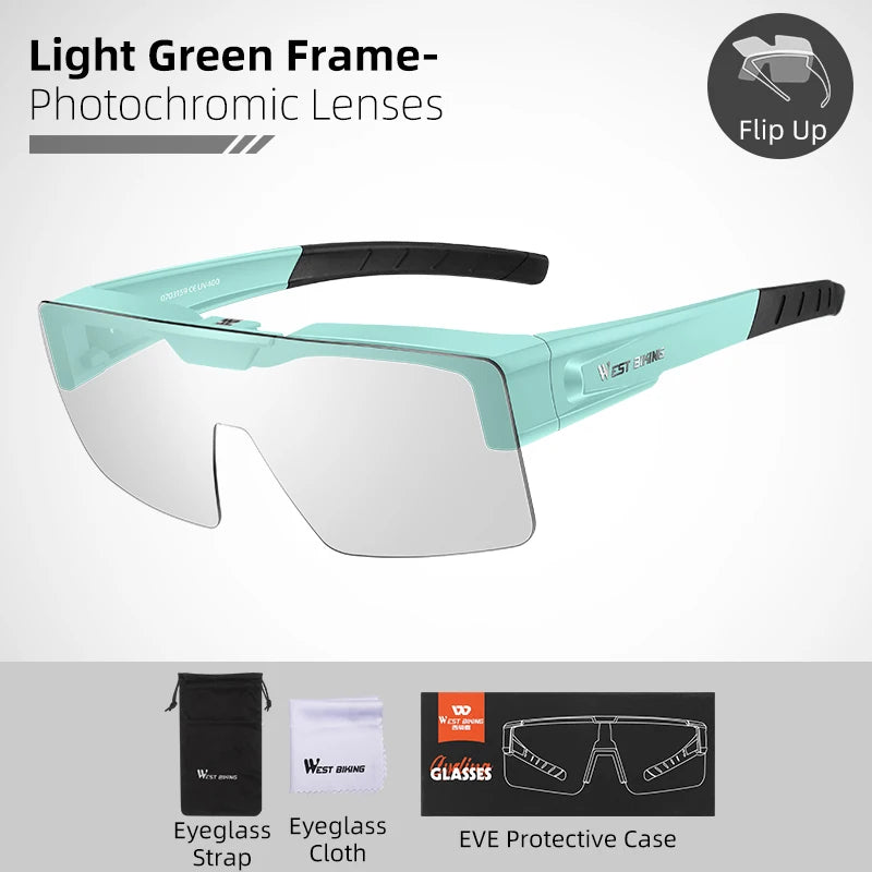 WEST BIKING Photochromic Cycling Sunglasses – Flip-Up, Polarized & Night Vision Lenses for MTB & Road Cycling
