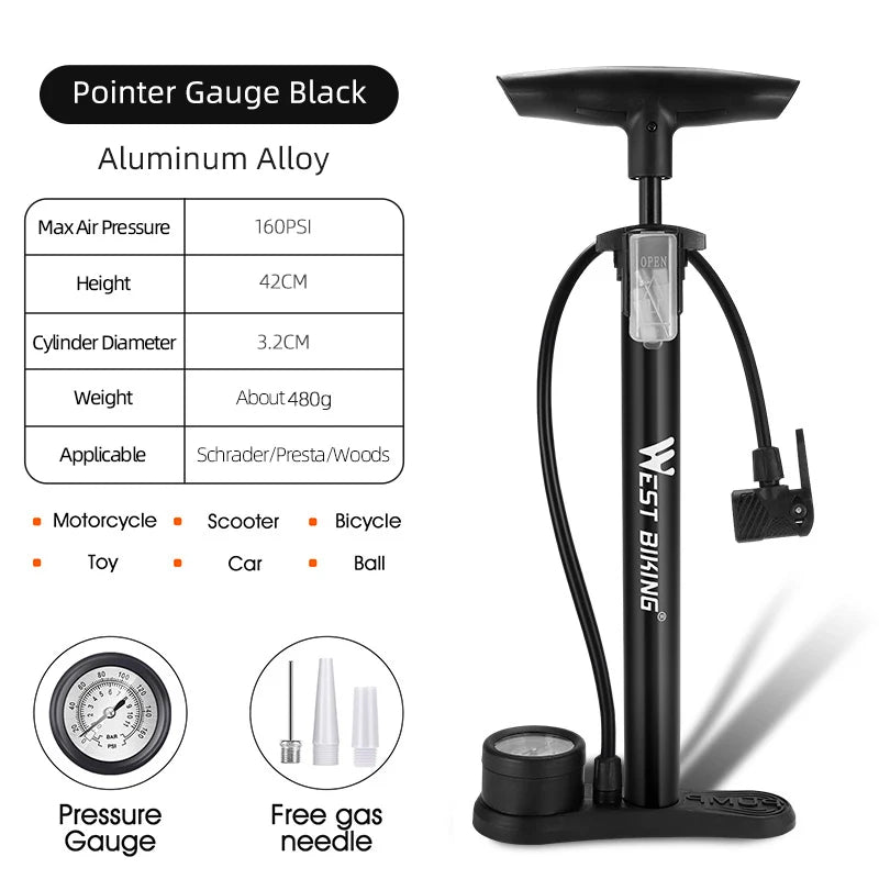WEST BIKING 160PSI Bike Pump – High-Pressure, Multi-Use Tire Inflator with Gauge & Digital Display