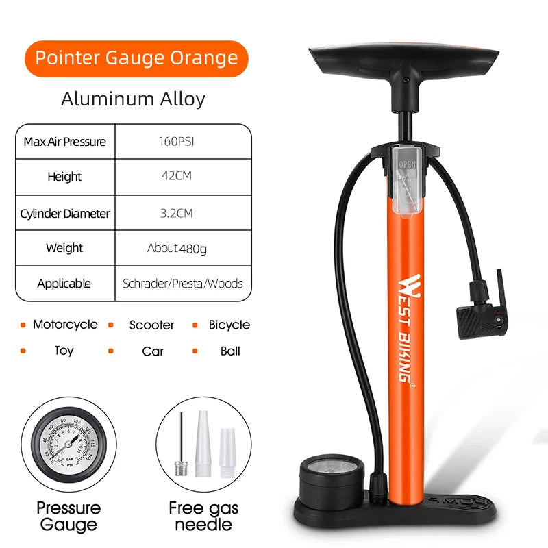 WEST BIKING 160PSI Bike Pump – High-Pressure, Multi-Use Tire Inflator with Gauge & Digital Display