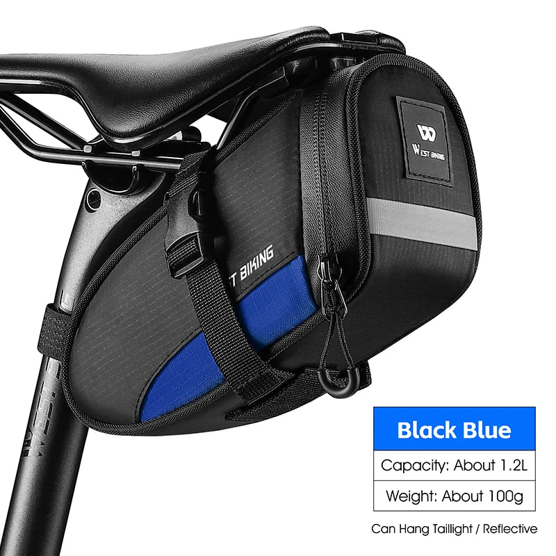WEST BIKING Portable Bike Tail Bag – 1.2L Ultralight Waterproof Saddle Bag with Reflective Safety Design