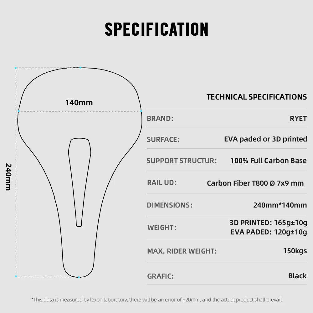RYET 3D Printed Full Carbon Saddle – 140mm Superlight 165g
