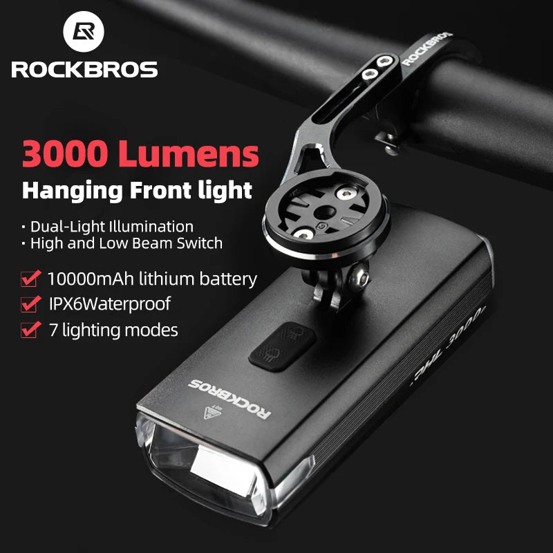 ROCKBROS 3000LM Bicycle Front Light 10000mAh Rechargeable Bike Headlight with Type-C Charging