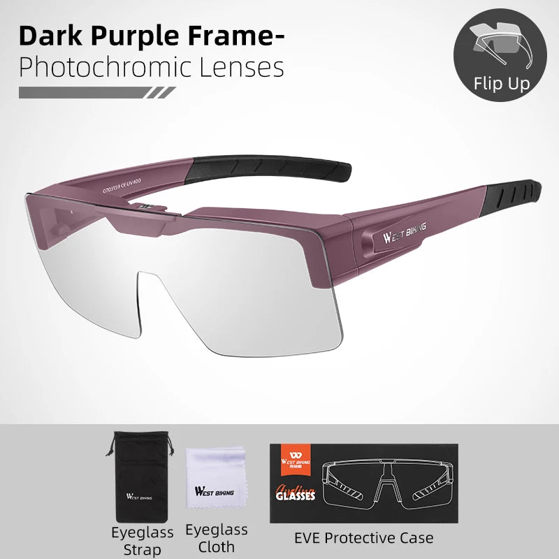 WEST BIKING Photochromic Cycling Sunglasses – Flip-Up, Polarized & Night Vision Lenses for MTB & Road Cycling