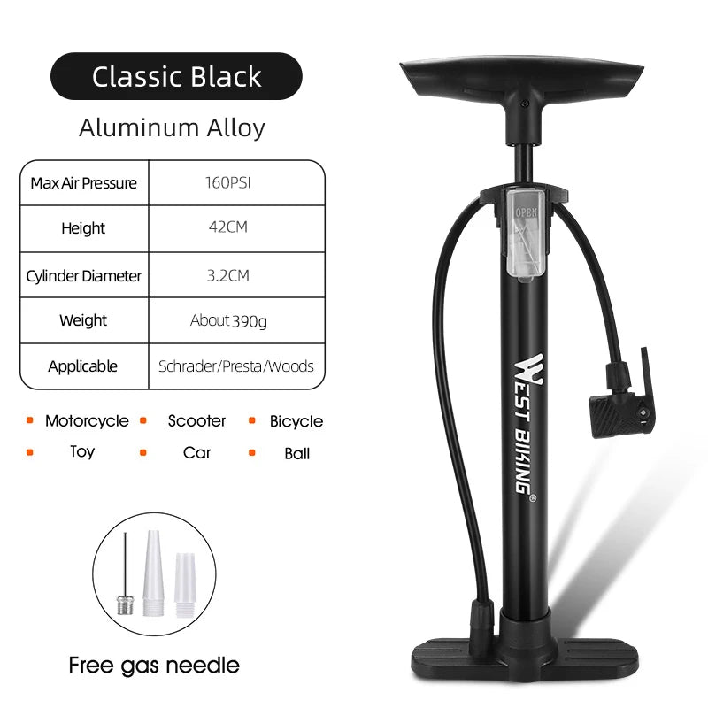 WEST BIKING 160PSI Bike Pump – High-Pressure, Multi-Use Tire Inflator with Gauge & Digital Display