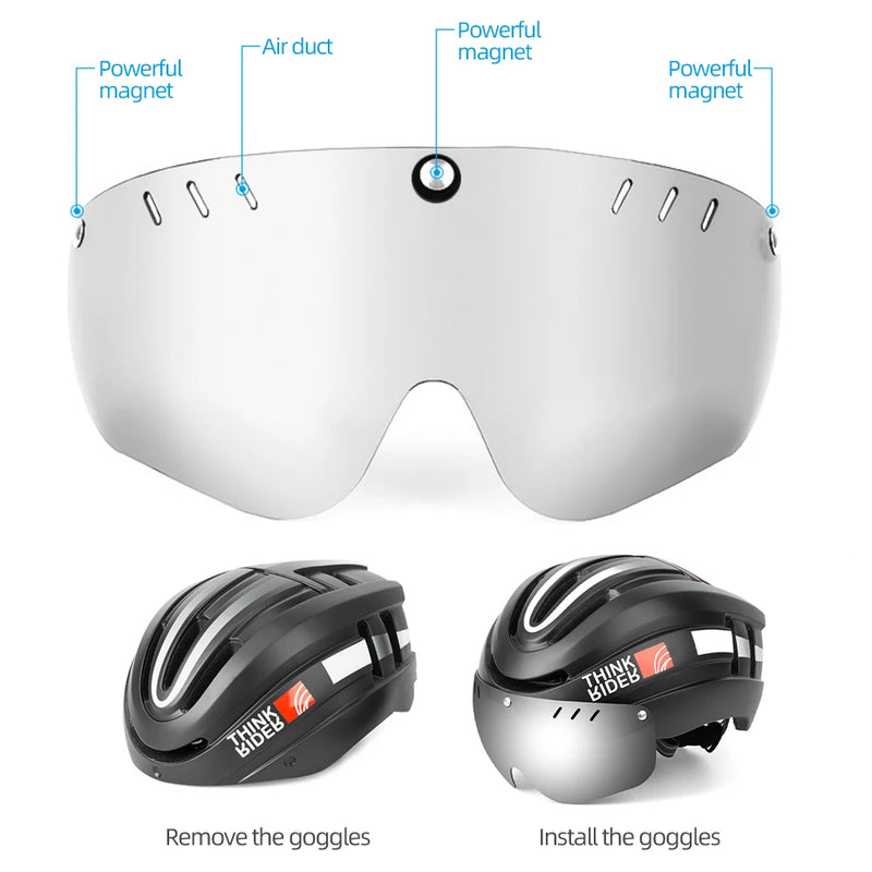 ThinkRider Cycling Helmet – LED Taillight, Magnetic Goggles & Shockproof Protection for MTB & Road Cycling