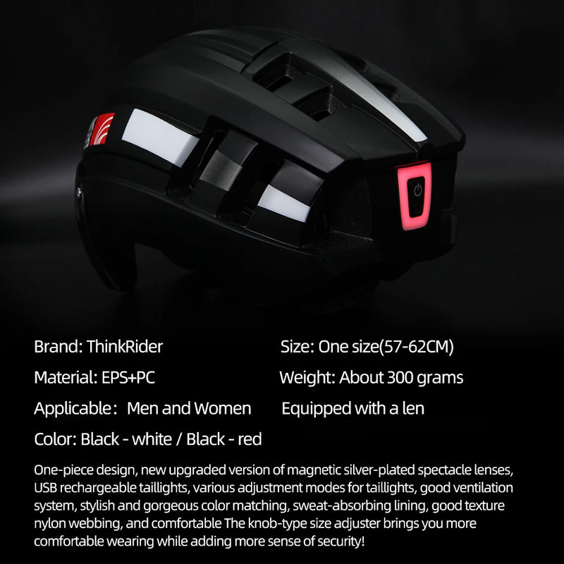 ThinkRider Cycling Helmet – LED Taillight, Magnetic Goggles & Shockproof Protection for MTB & Road Cycling