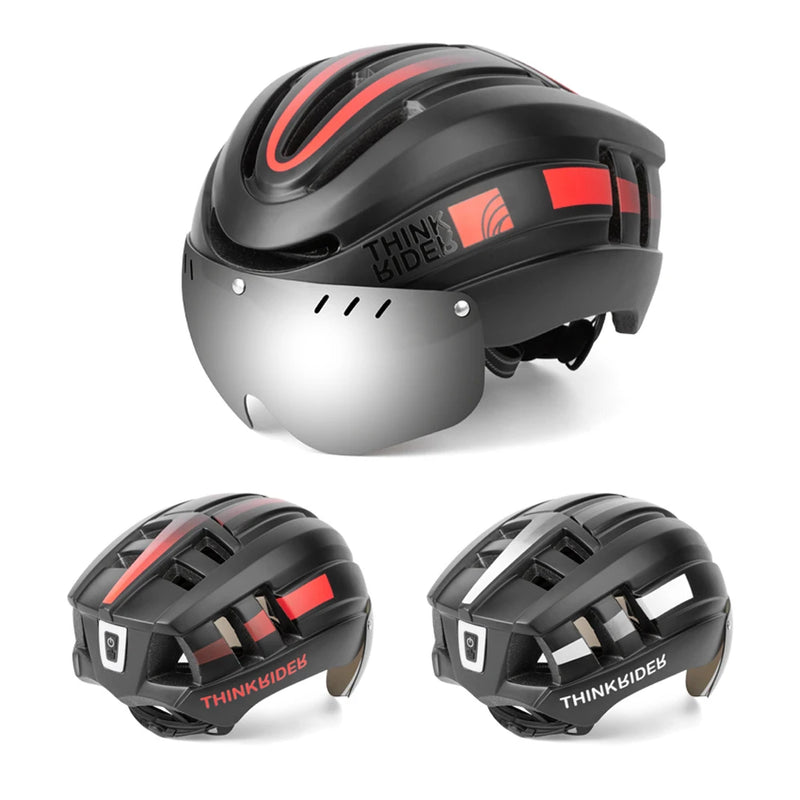ThinkRider Cycling Helmet – LED Taillight, Magnetic Goggles & Shockproof Protection for MTB & Road Cycling