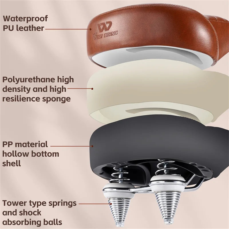 WEST BIKING Wide Comfortable Retro Bicycle Saddle – Soft PU Leather Shock-Absorbing Seat for Electric & City Bikes