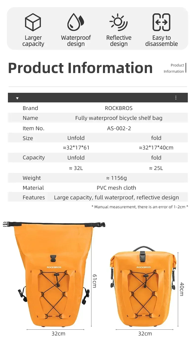 ROCKBROS Waterproof 25L Bike Rack Bag – Twin Pack Double-Sided Cycling Storage for Long-Distance Travel
