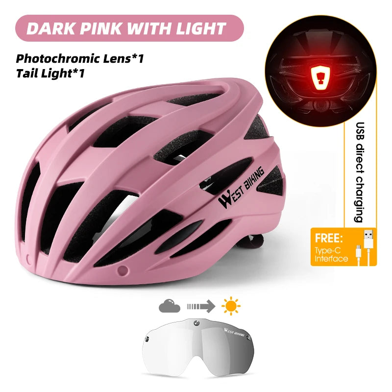 WEST BIKING MTB & Road Bike Helmet – LED Taillight, Photochromic Magnetic Goggles & Breathable Ventilation