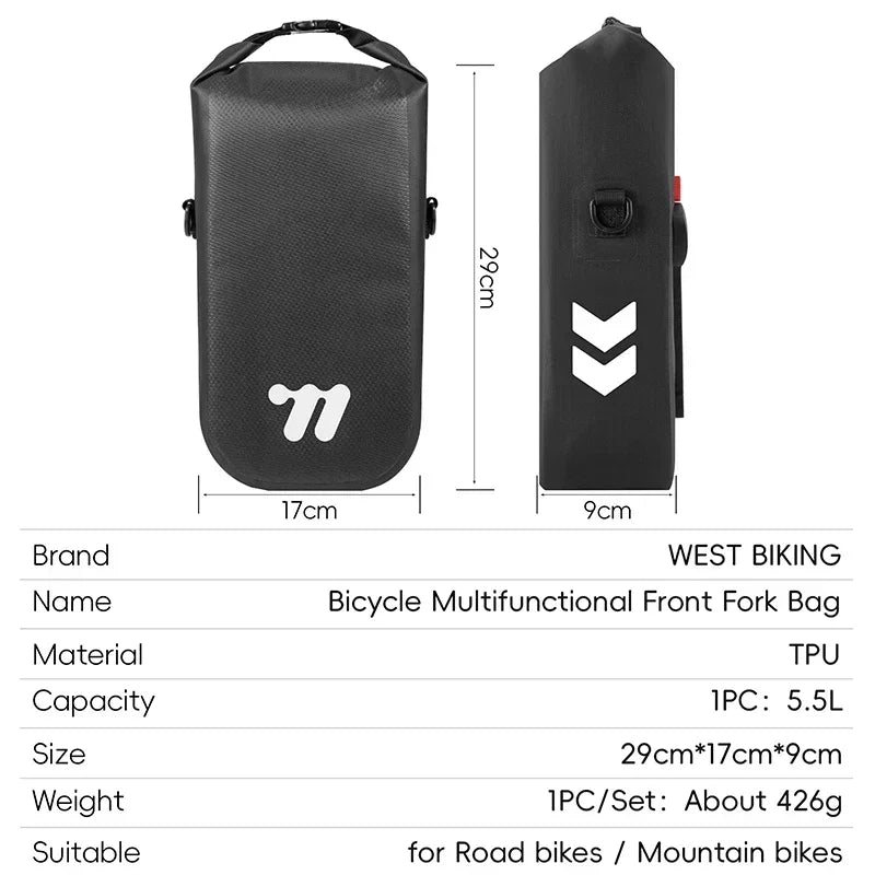 WEST BIKING 5.5L Waterproof Front Fork Bag – Portable Bicycle Storage for Road & MTB Bikes