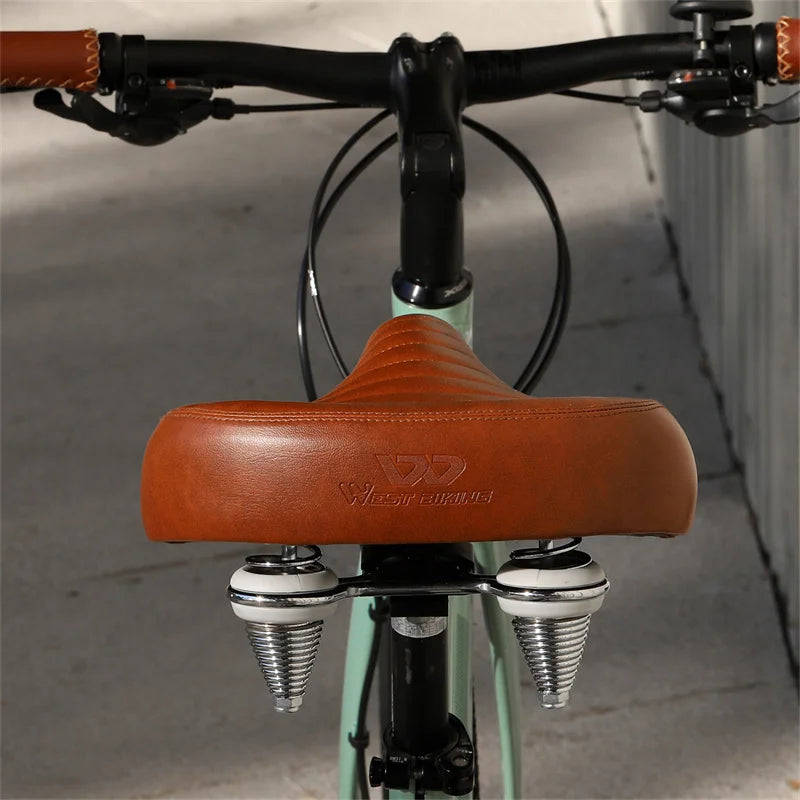WEST BIKING Wide Comfortable Retro Bicycle Saddle – Soft PU Leather Shock-Absorbing Seat for Electric & City Bikes