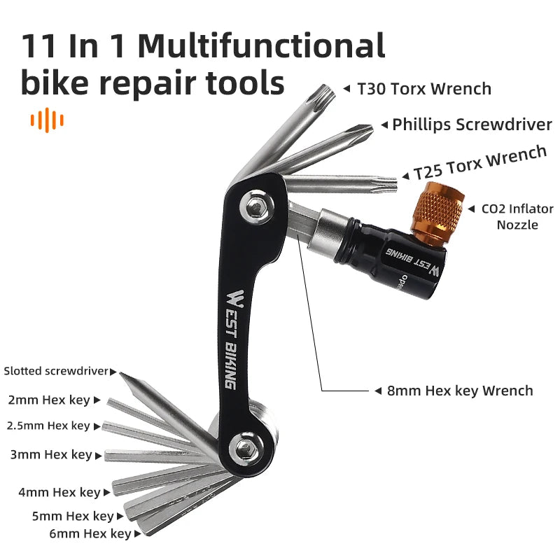 WEST BIKING 11-in-1 Multifunctional Bike Repair Tool – Compact Folding Wrench & Screwdriver Set
