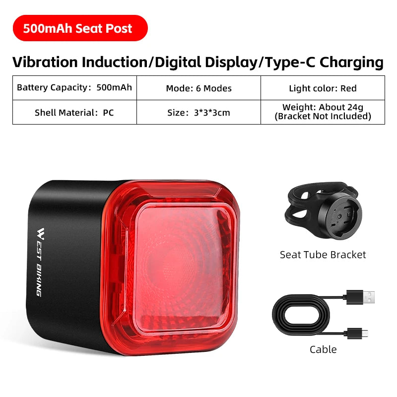 WEST BIKING Smart Brake-Sensing Taillight – Auto Start/Stop, Digital Power Display & Long-Endurance Battery