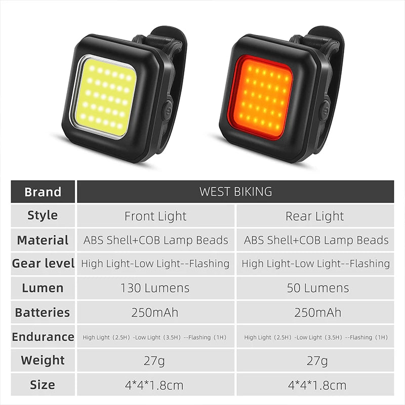 WEST BIKING Rechargeable Bicycle Light – IPX5 Waterproof, High-Brightness COB LEDs & Multiple Lighting Modes