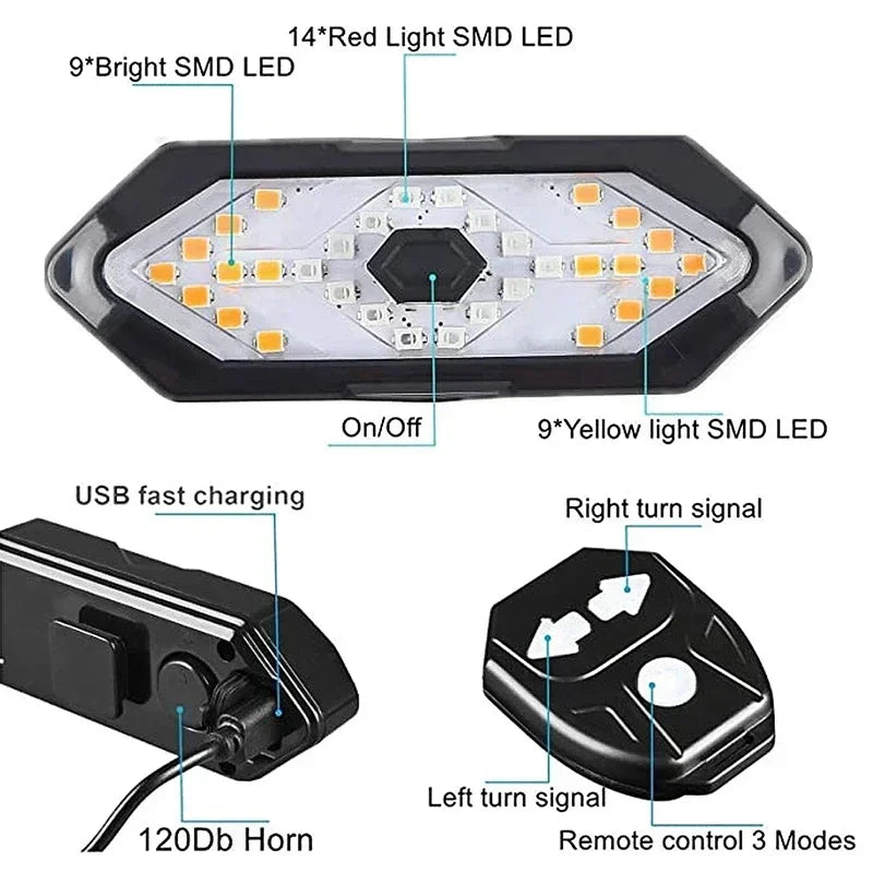 BIKE TURN SIGNAL REAR LIGHT – USB RECHARGEABLE, LED TAILLIGHT WITH HORN & WIRELESS REMOTE
