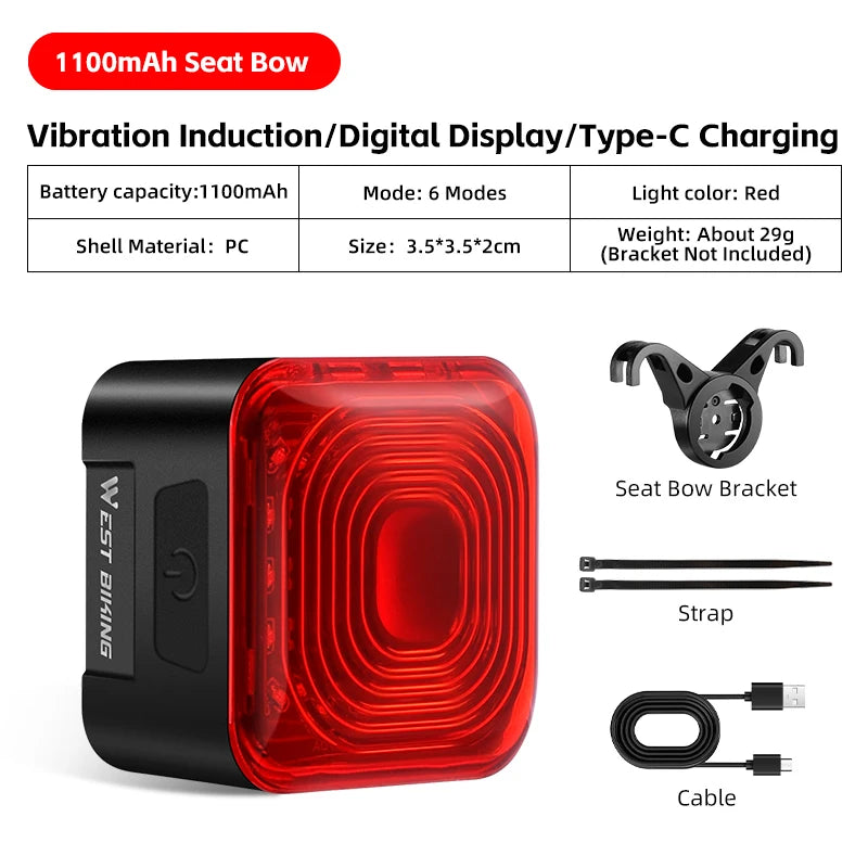 WEST BIKING Smart Brake-Sensing Taillight – Auto Start/Stop, Digital Power Display & Long-Endurance Battery