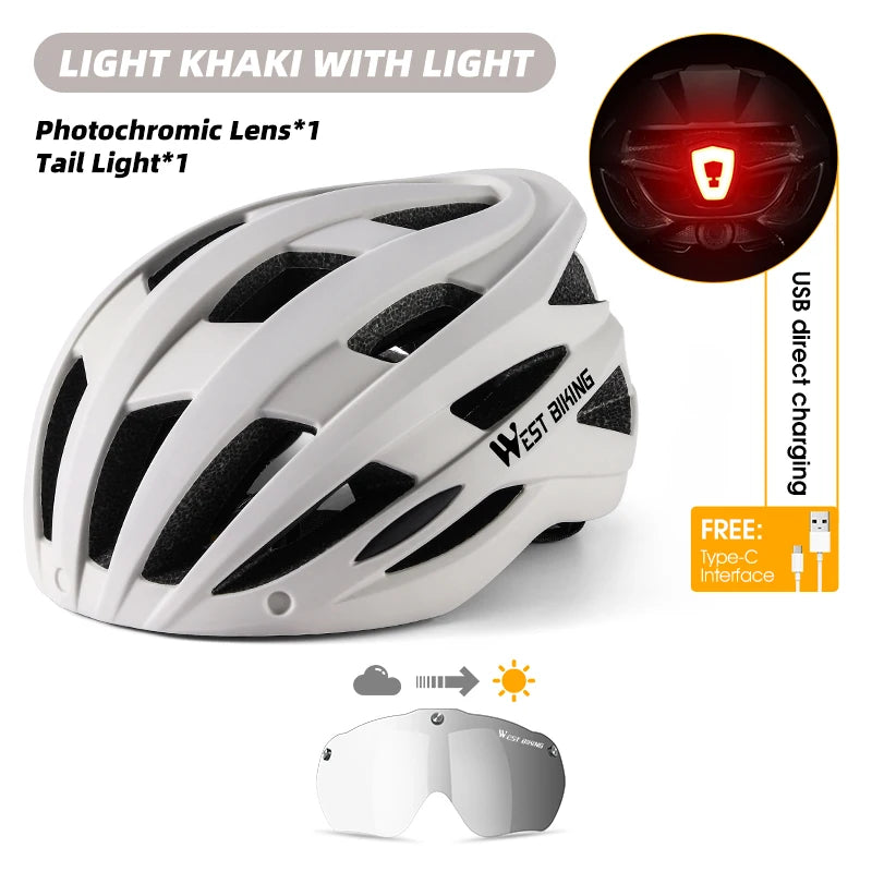 WEST BIKING MTB & Road Bike Helmet – LED Taillight, Photochromic Magnetic Goggles & Breathable Ventilation