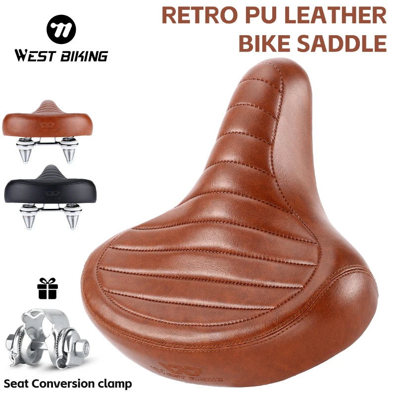 WEST BIKING Wide Comfortable Retro Bicycle Saddle – Soft PU Leather Shock-Absorbing Seat for Electric & City Bikes