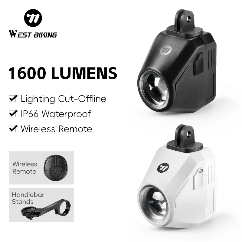 WEST BIKING 1600 Lumen Bike Light – Wireless Remote Control, IP66 Waterproof, High-Brightness Headlight